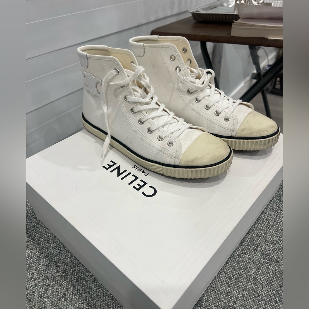 White CELINE canvas high top sneakers